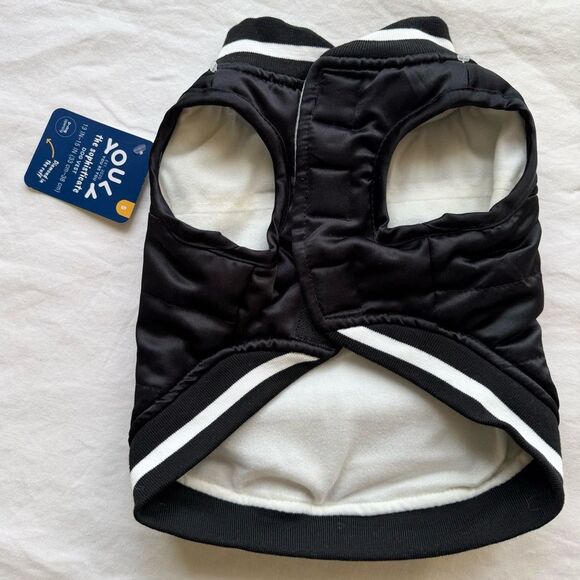 NWT Black Satin Pet Bomber Jacket striped cuffs size small - Picture 2 of 5